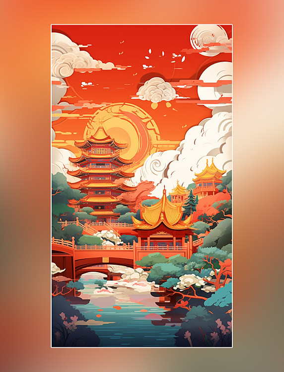 中国风建筑国庆节迷幻漫画扁平风插画北京长城和天坛