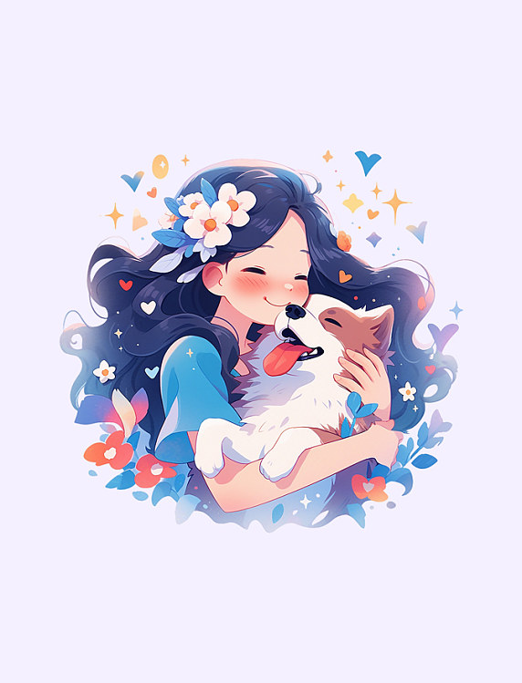 自然有爱宠物互动温馨简易插画元