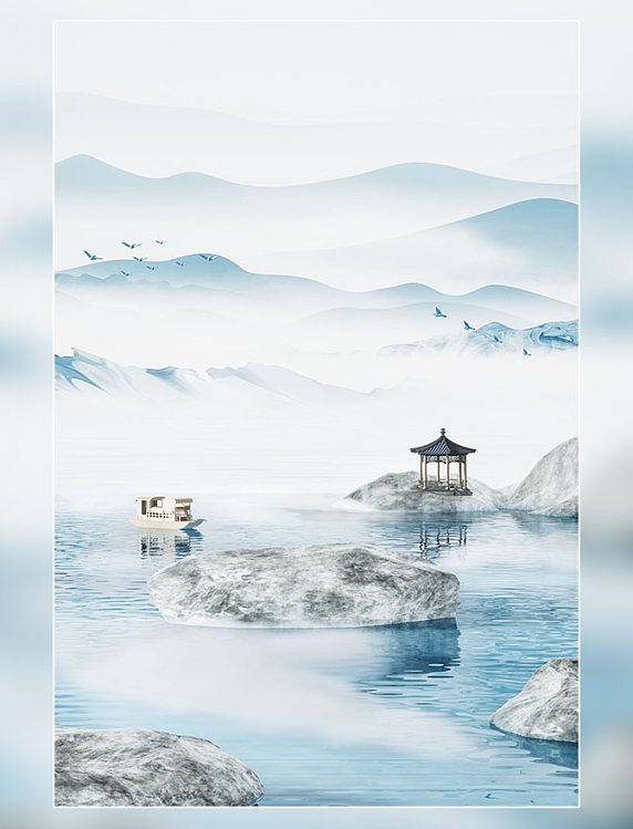 中国风3D立体山水场景国潮水墨湖心亭