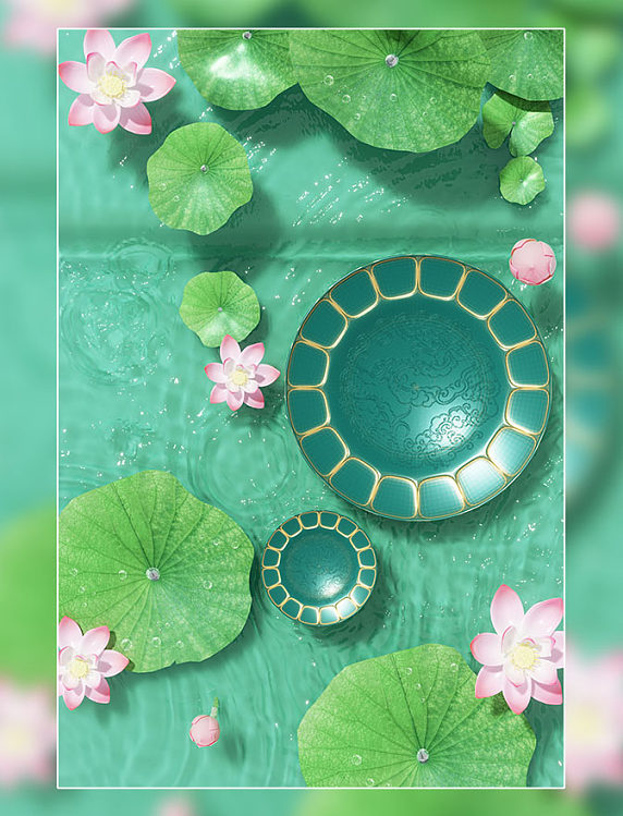 3D立体夏天荷叶荷花中国风场景