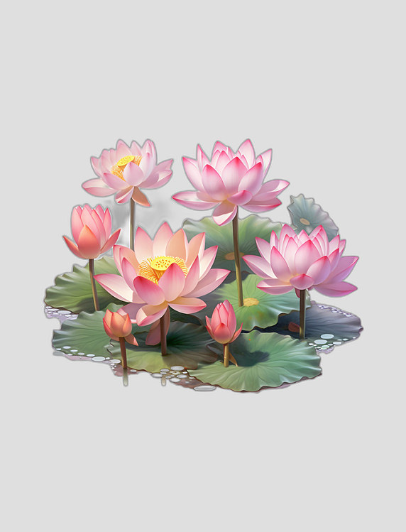 夏天3D立体粉红荷花娇艳花瓣翠绿荷