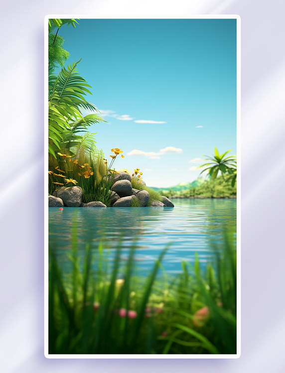 3D空景空间自然场景森系水面植物苔藓