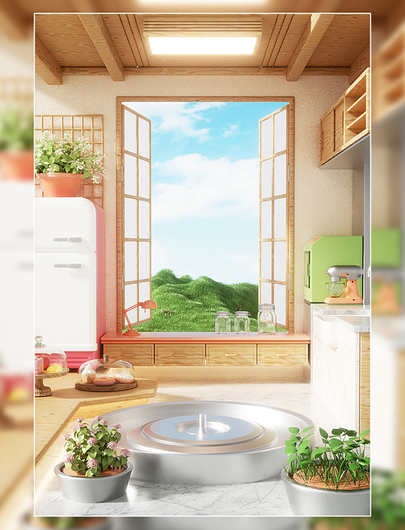 电商3D立体直播间双11双十一直播场景厨房餐饮直播背景