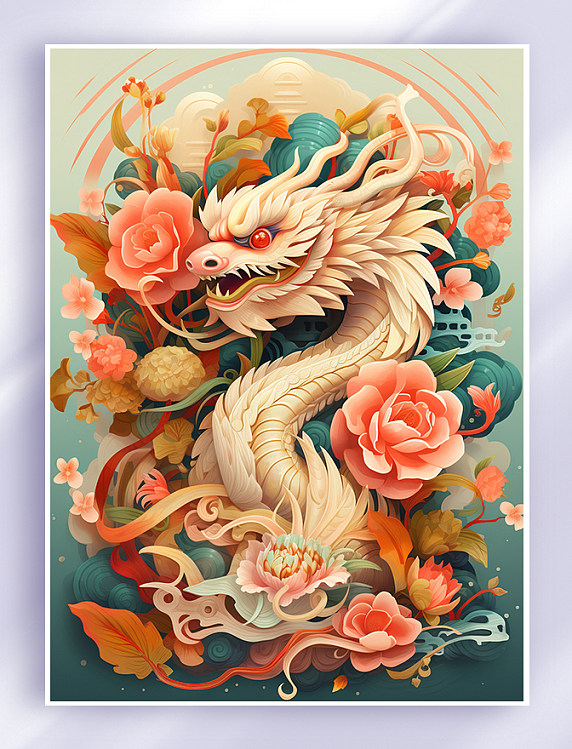 龙年国潮版画中国风中国龙鎏金大气插画春节剪纸
