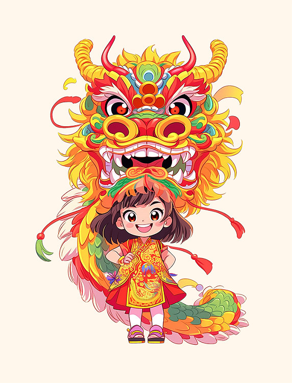 可爱的中国龙和小女孩元素春节龙年