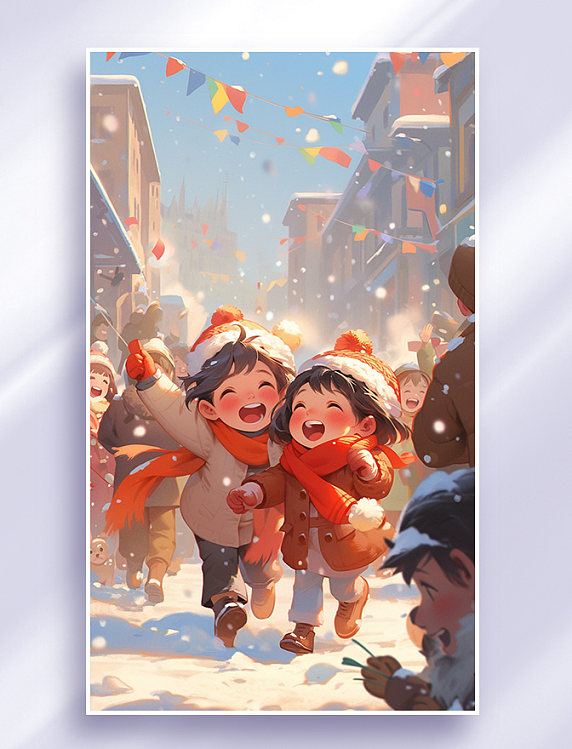 中国风过年跨年元旦放烟花的热闹场景插画