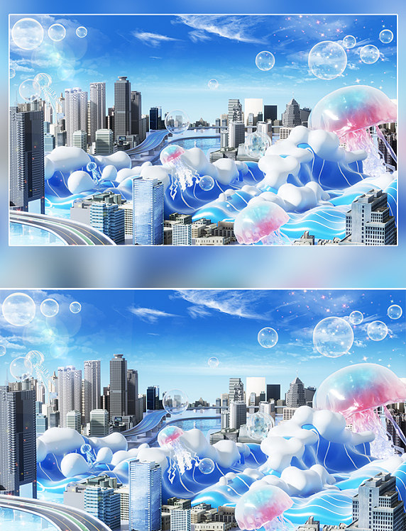 夏季夏天3D立体现代城市建筑水母浪花清凉场景