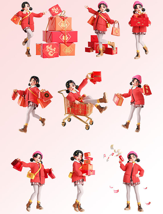 2025蛇年春节年货节电商新年潮流人物3D立体形象套图