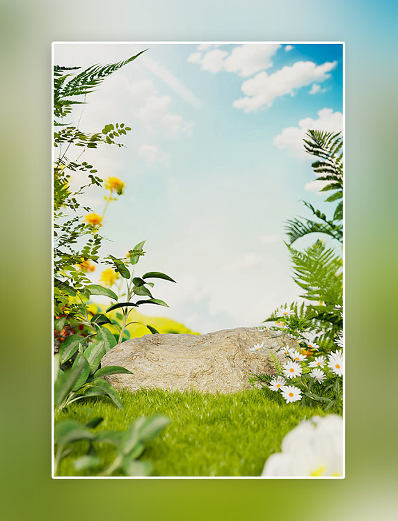 春天风景植物绿色3D立体场景仿摄影展台背景