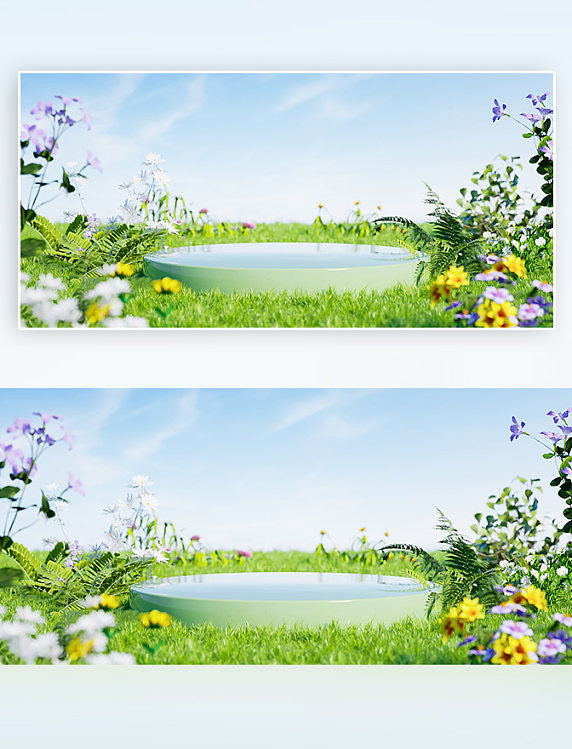 春天风景初春草坪花卉绿色3D立体防摄影展台背景