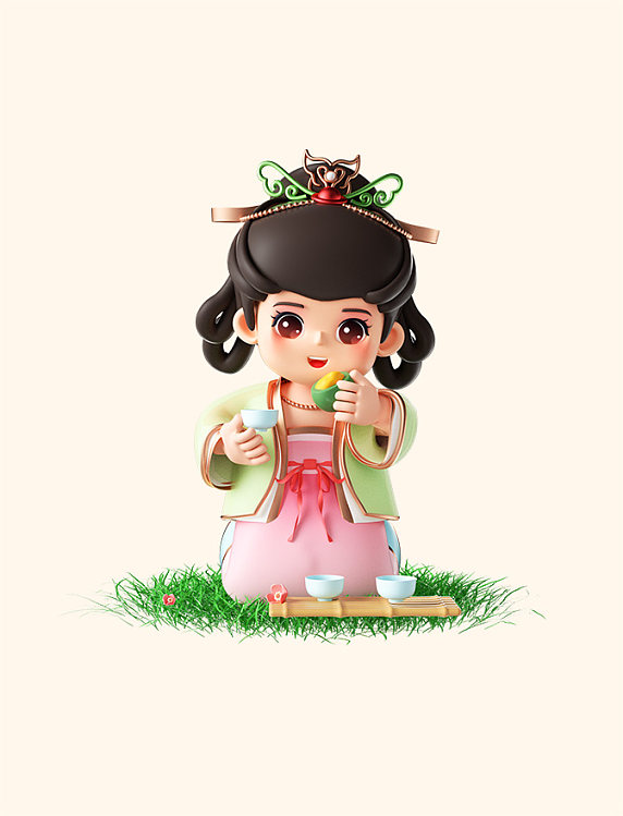 3D立体春天春日汉服人物吃青团场景PNG素材