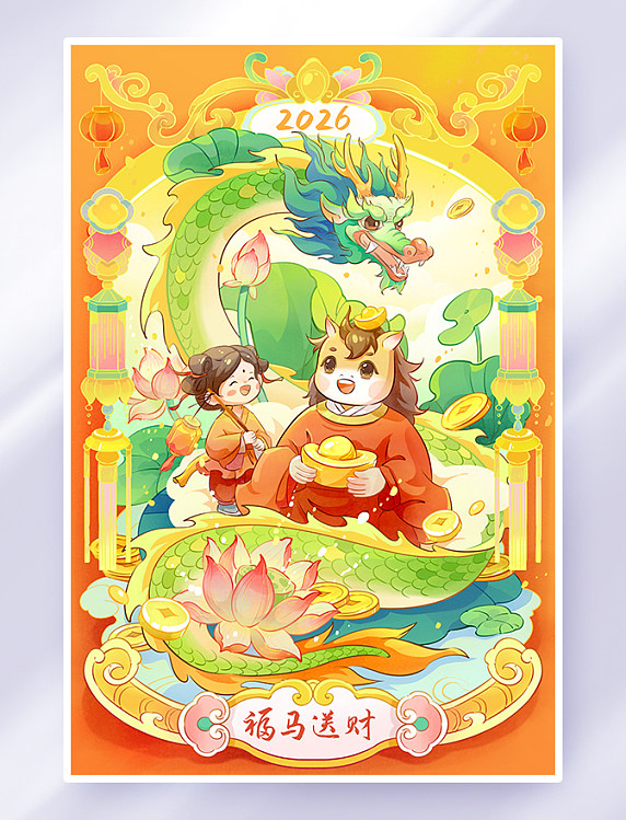 手绘马年福马送财春节祝福插画