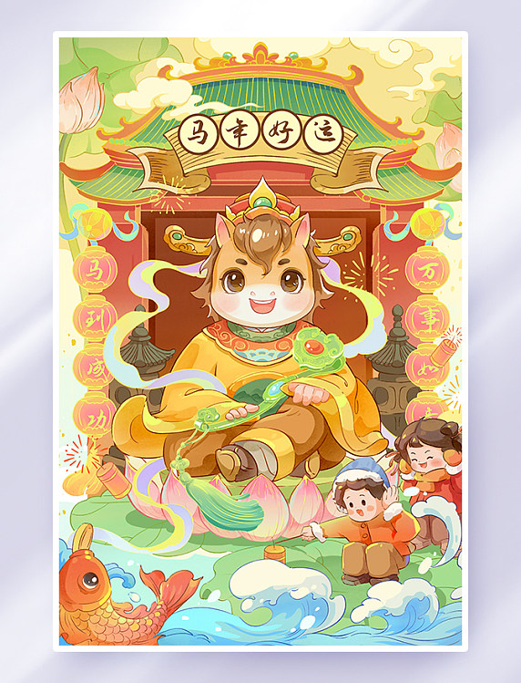 手绘马年马上好运祝福插画