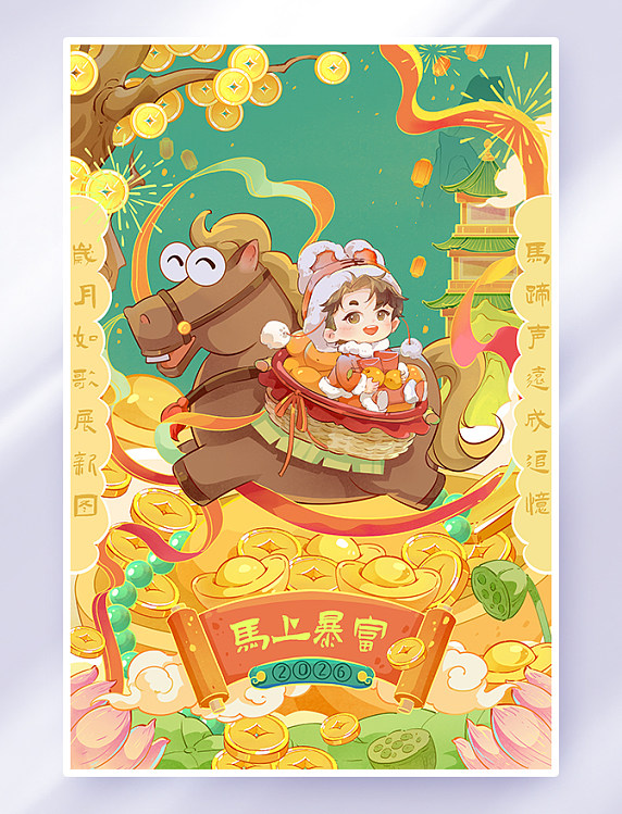 手绘国潮风马年马上暴富祝福插画